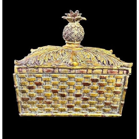Ceramic Woven Gold Pineapple Top Knob Rectangle Jewelry Trinket Box 6” X 6” X 4” - Picture 7 of 10
